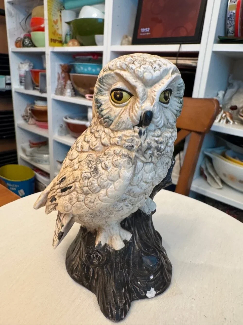 Vintage Enesco E5138 Owl on Stump white tan brown read